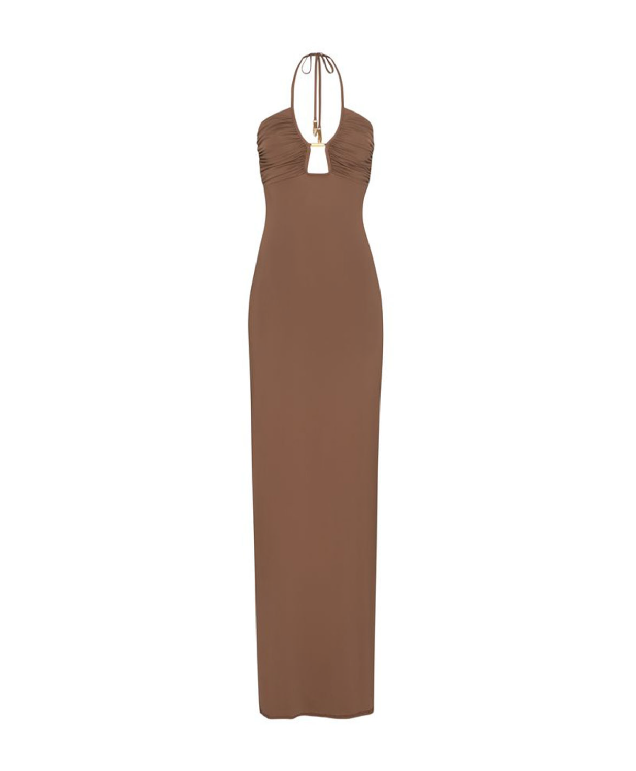A floor-length halter-neck dress in a solid taupe brown color, displayed against a plain white background.
