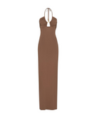 A floor-length halter-neck dress in a solid taupe brown color, displayed against a plain white background.