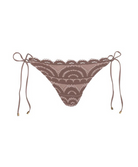 Brown lace bikini bottom with side ties and a scalloped pattern, shown flat on a white background.