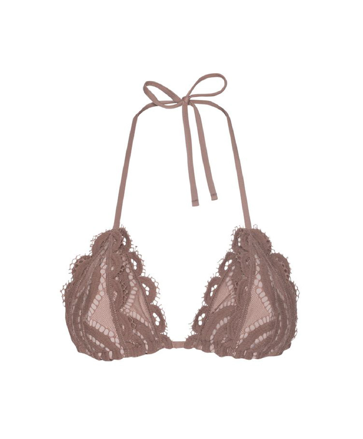 A light brown lace triangle bikini top with thin tie straps, displayed against a solid white background.