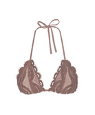 A light brown lace triangle bikini top with thin tie straps, displayed against a solid white background.