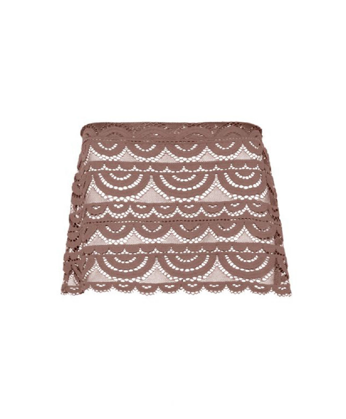 A brown lace skirt with a scalloped, scallop-like pattern, shown flat against a solid white background.