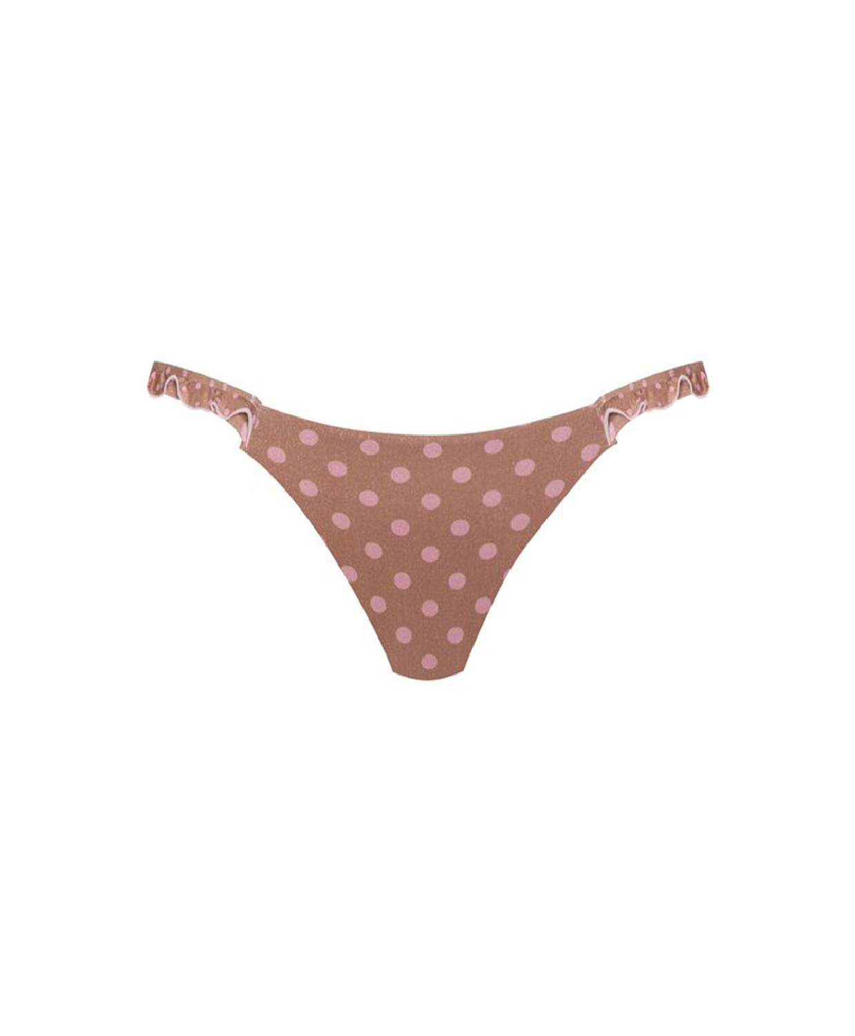 A pair of women's bikini bottoms featuring a pattern of light pink polka dots and ruffle trim on the side straps, shown against a plain white background.
