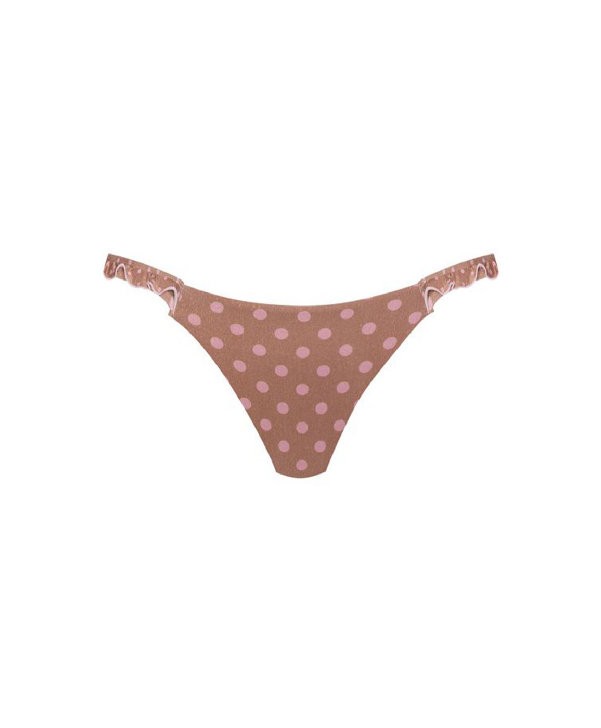 A pair of women's bikini bottoms featuring a pattern of light pink polka dots and ruffle trim on the side straps, shown against a plain white background.