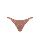 A pair of women's bikini bottoms featuring a pattern of light pink polka dots and ruffle trim on the side straps, shown against a plain white background.