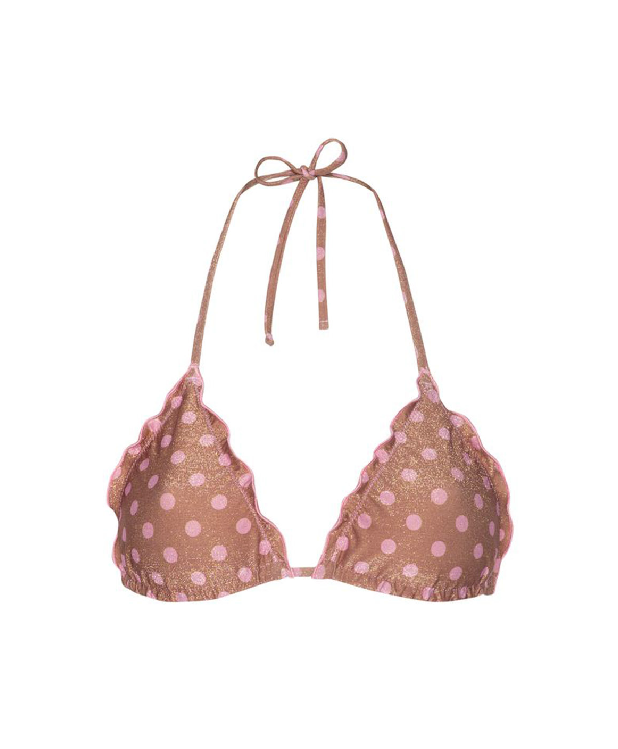 A pink polka dot triangle bikini top with scalloped edges and tie straps, shown against a plain white background.