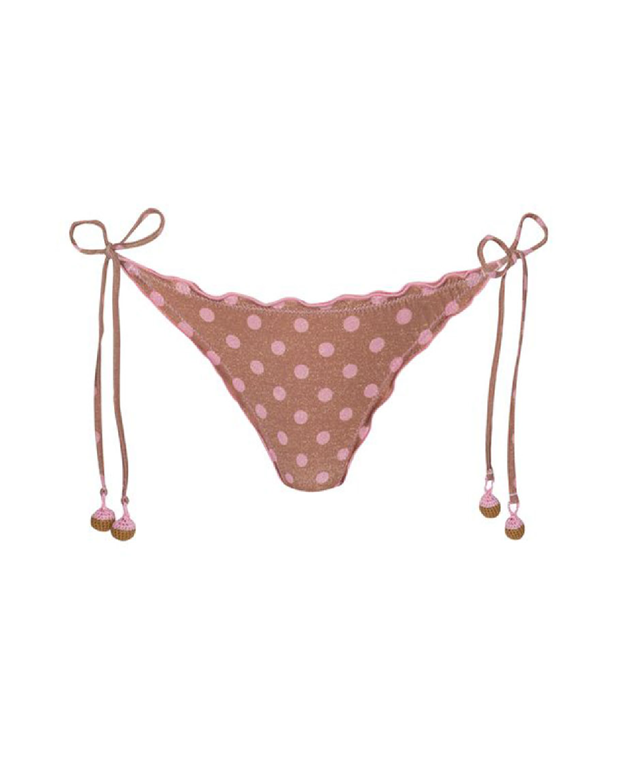 A pink and brown polka dot bikini bottom with a scalloped edge, side tie straps, and small pom-pom details, shown against a plain white background.