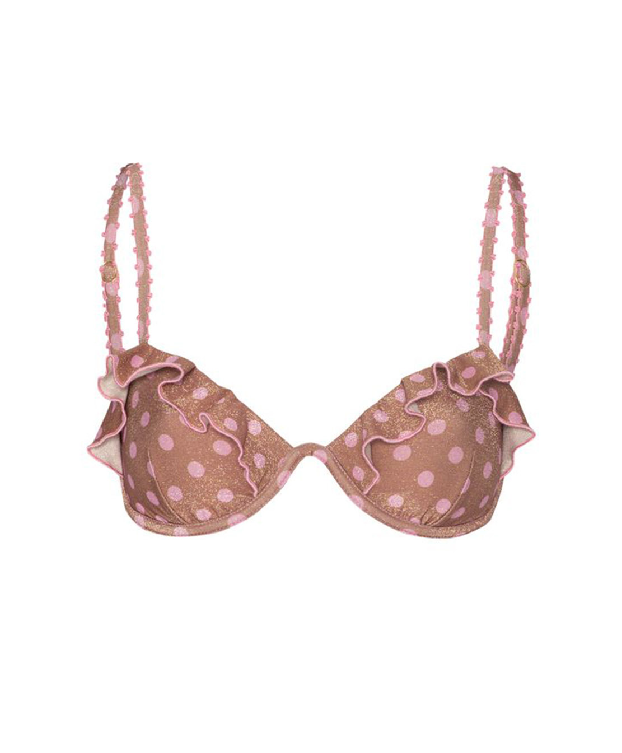 A ruffled bikini top with light pink polka dots, shown against a plain white background.