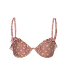 A ruffled bikini top with light pink polka dots, shown against a plain white background.