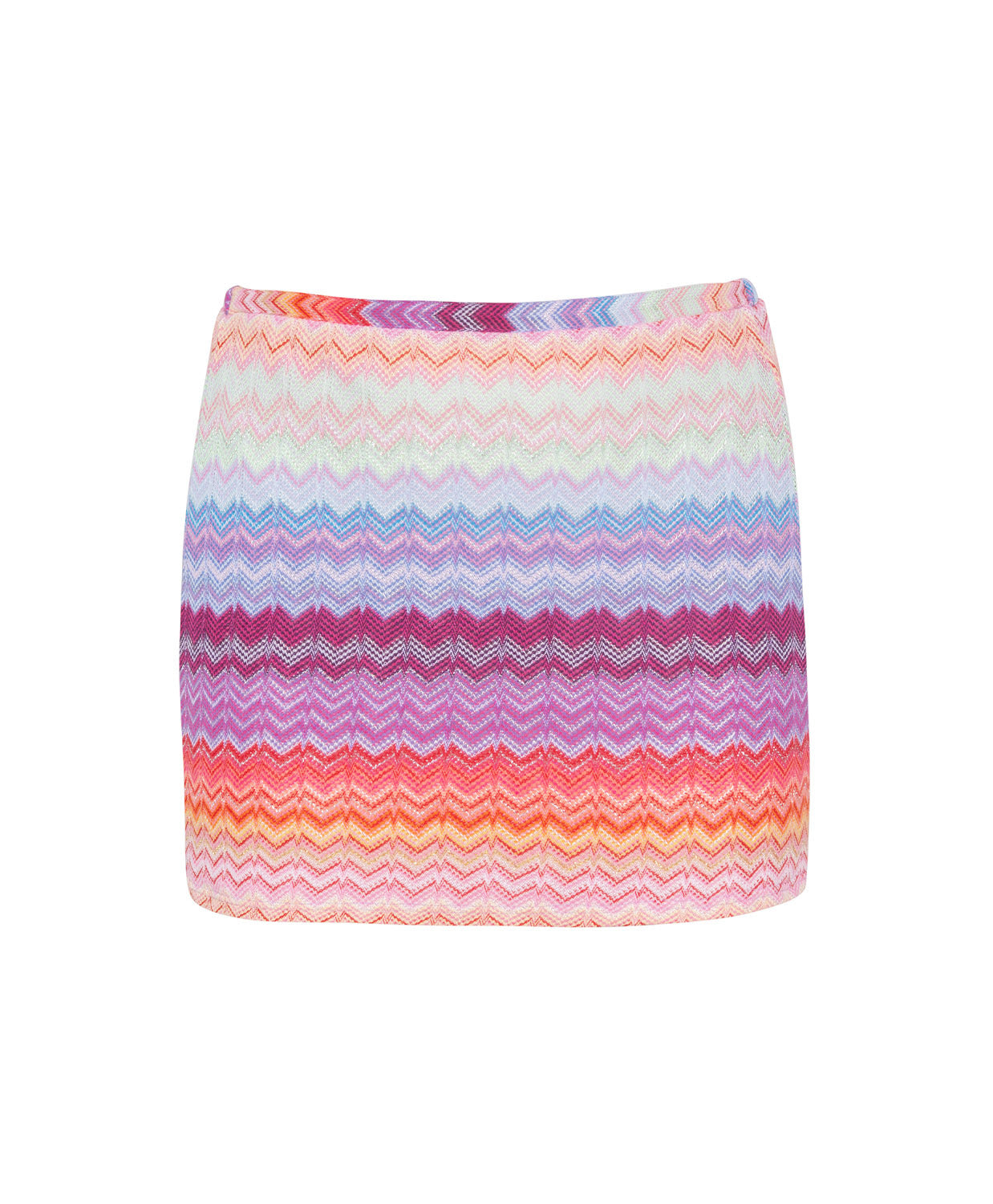 Sunkissed Reese Skirt in multicolor shimmering chevron print mini skirt with bold, playful resort style.