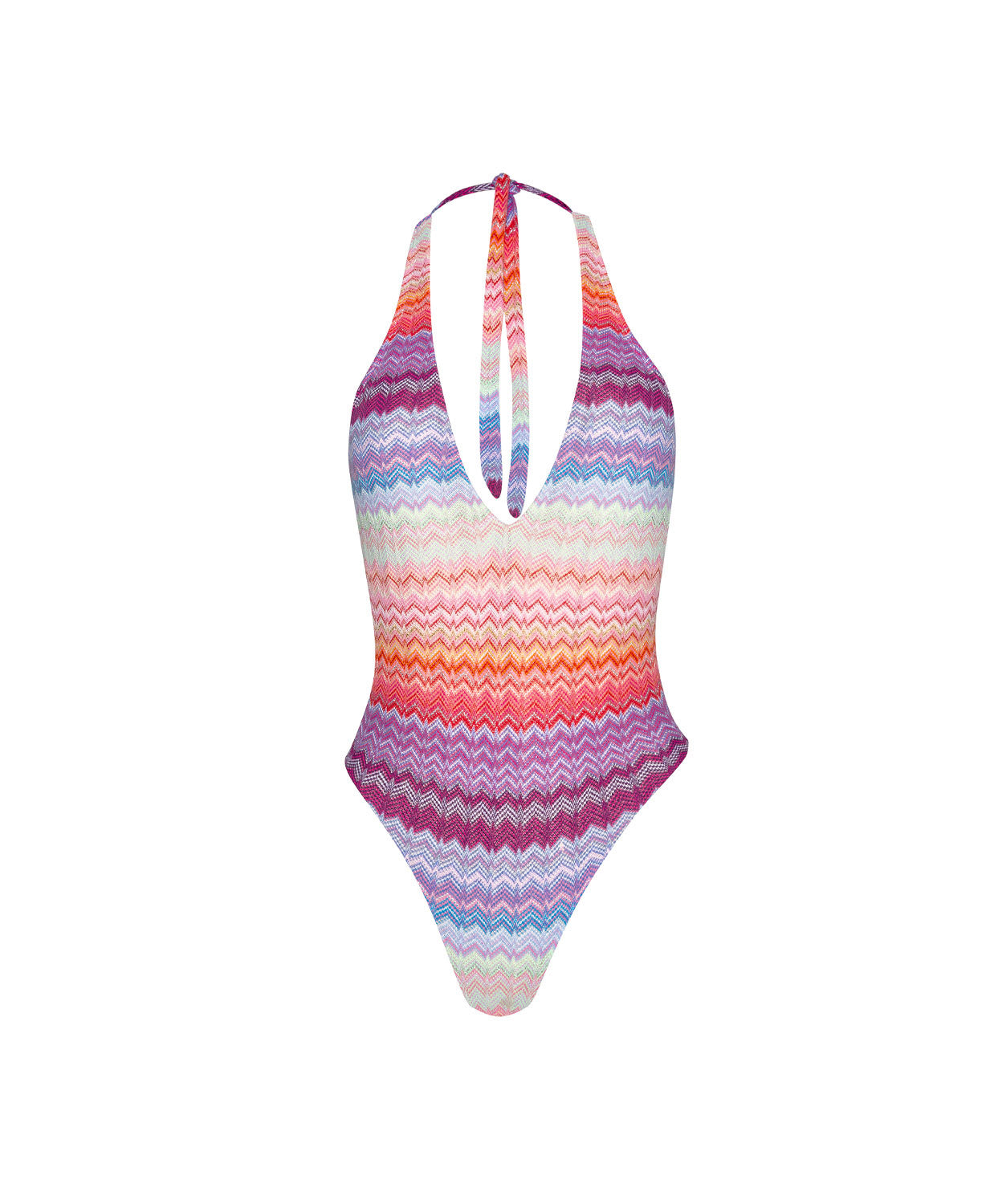 Sunkissed Remi One Piece in multicolor shimmering chevron fabric with halter tie, plunging neckline, and low back.