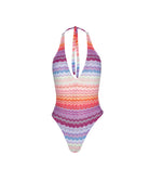 Sunkissed Remi One Piece in multicolor shimmering chevron fabric with halter tie, plunging neckline, and low back.