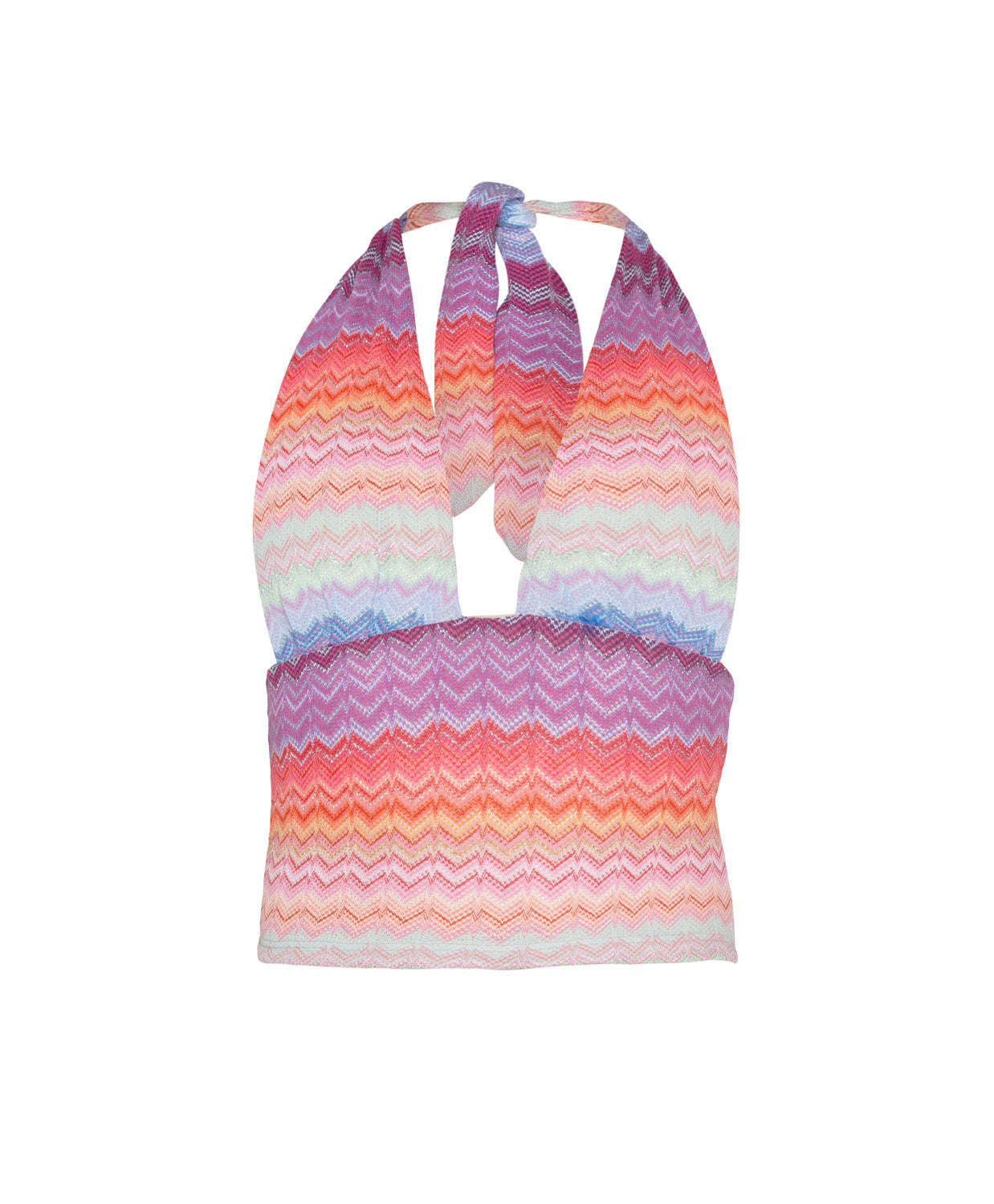 Sunkissed Sienna Top in multicolor shimmering chevron fabric, cropped halter with adjustable tie.