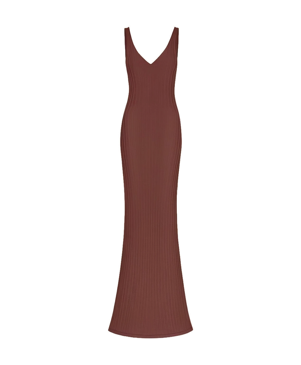 A ribbed knit sleeveless maxi dress in a muted reddish-brown color, featuring a V-neckline, shown against a plain white background.