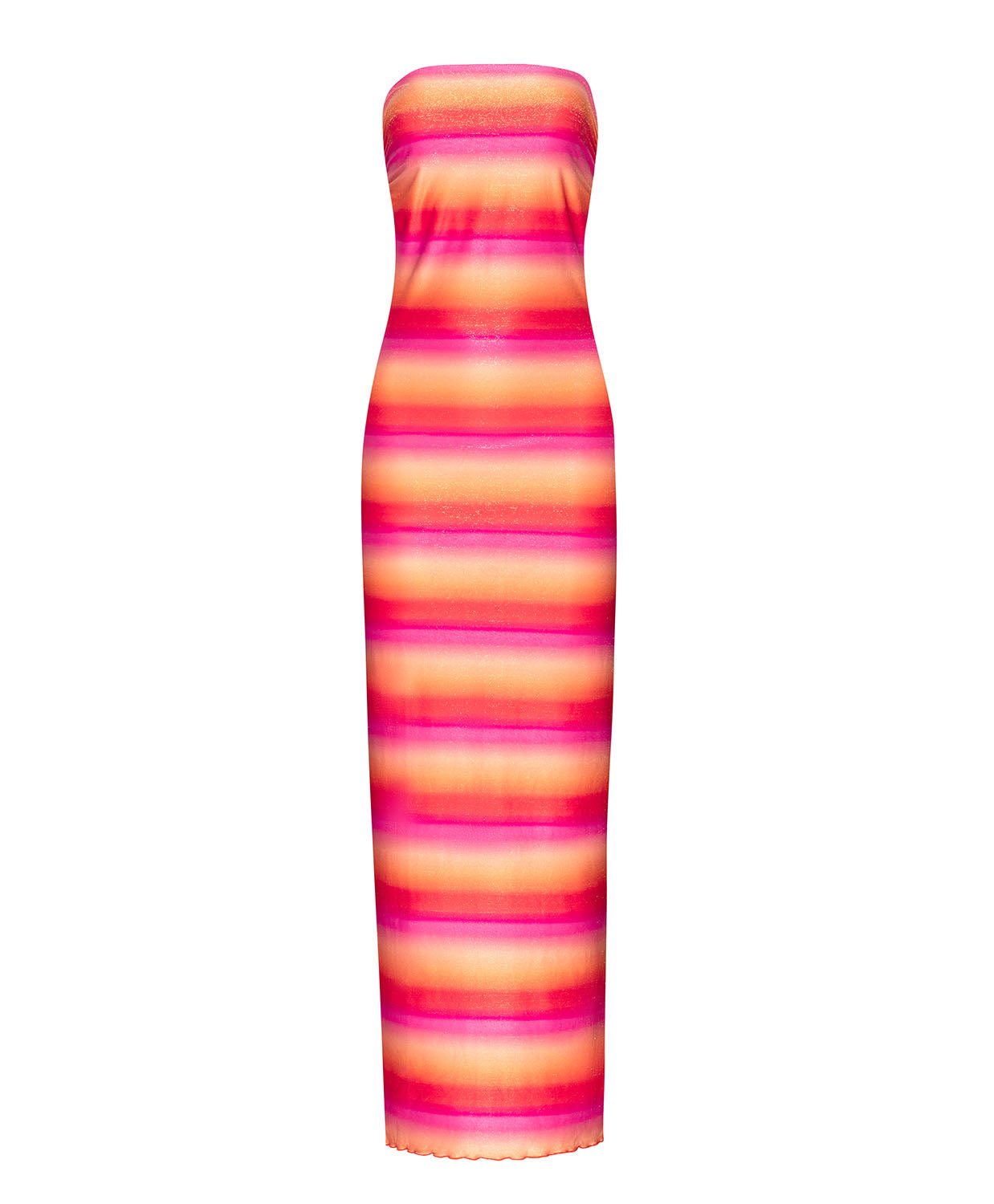 A tube top dress with red, pink, and orange stripes against a white wall.