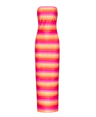 A tube top dress with red, pink, and orange stripes against a white wall.