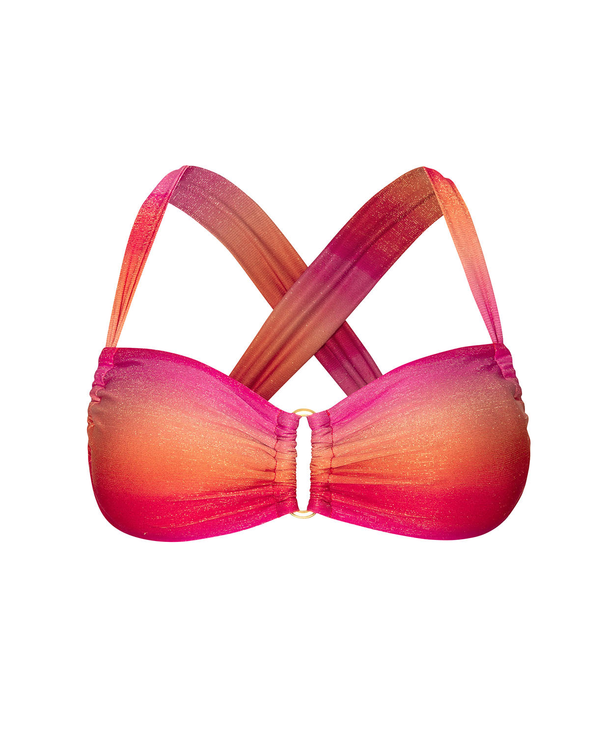 A red and pink bikini top with crossed straps against a white wall.