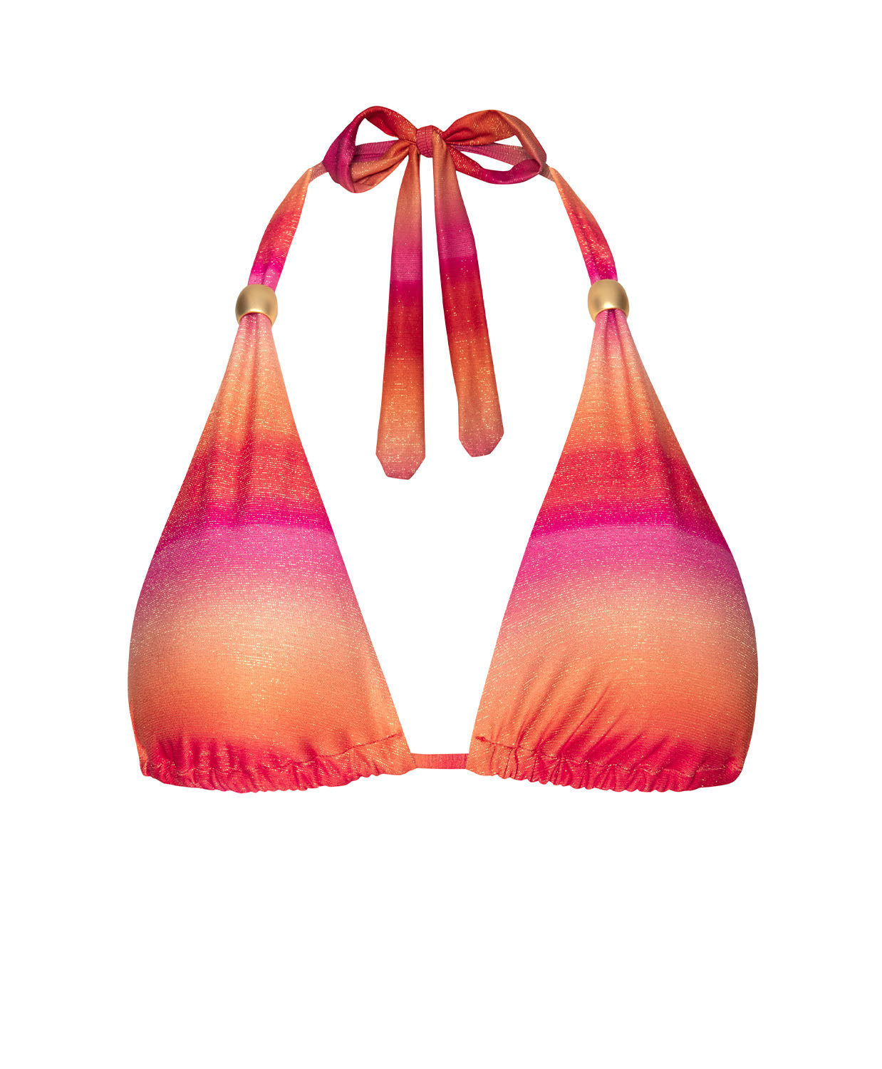 A multi colored triangle top bikini against a white wall.