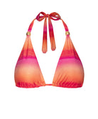 A multi colored triangle top bikini against a white wall.