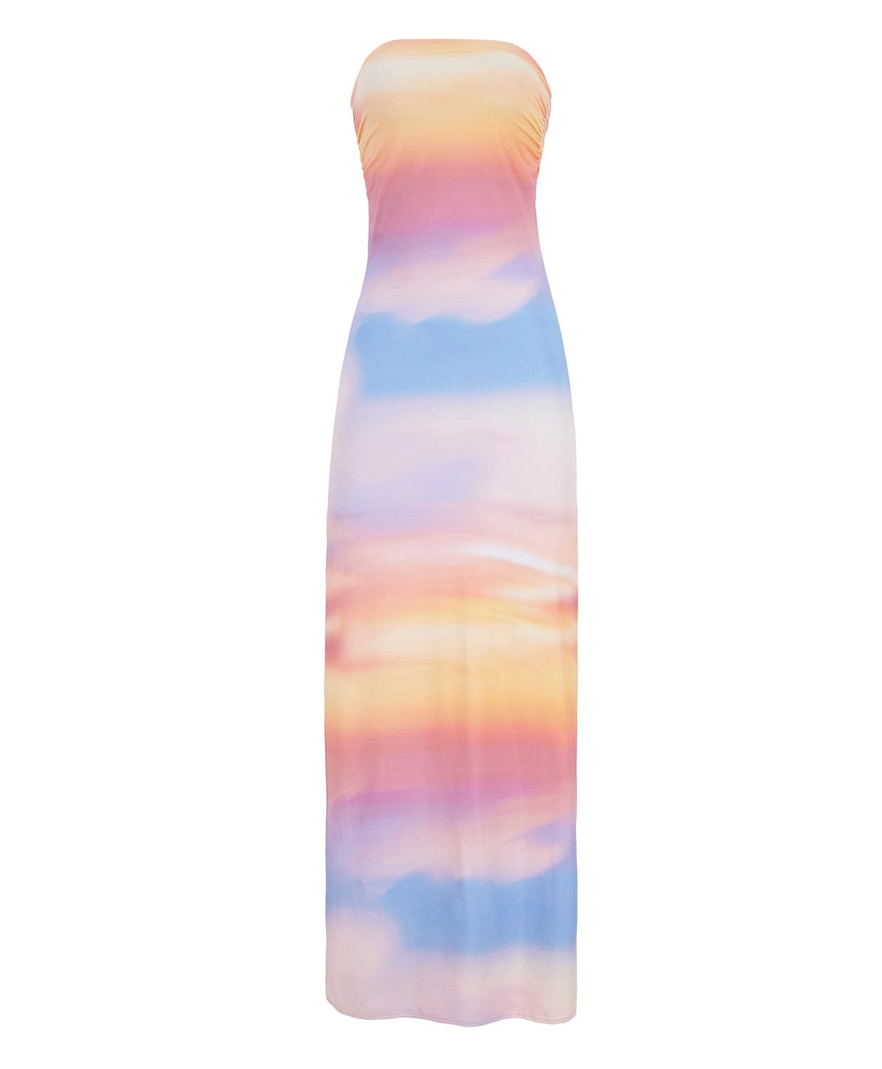 A multi colored floor length dress against a white wall. 