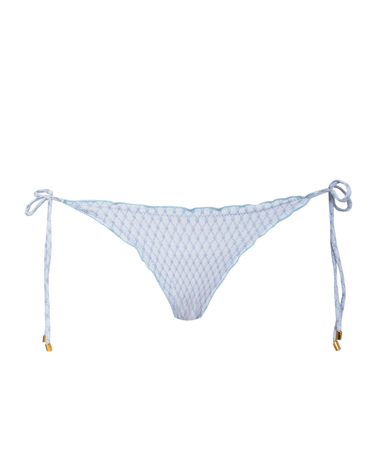 A light blue bikini bottom with tie sides against a white wall.