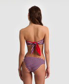 Teakwood Reversible Scalloped Bottom bikini with nautical stripes and red, scalloped trim.