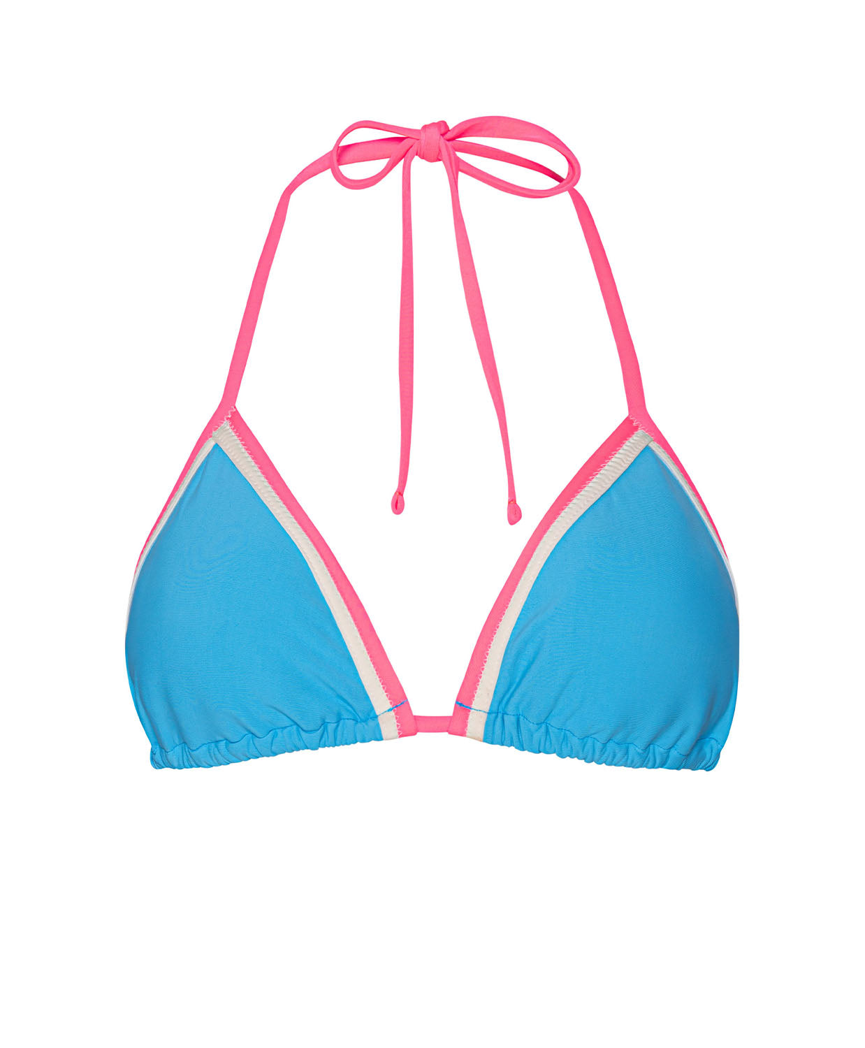 A teal blue triangle top with pink adjustable neck ties, designed for swimming.
