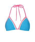 A teal blue triangle top with pink adjustable neck ties, designed for swimming.