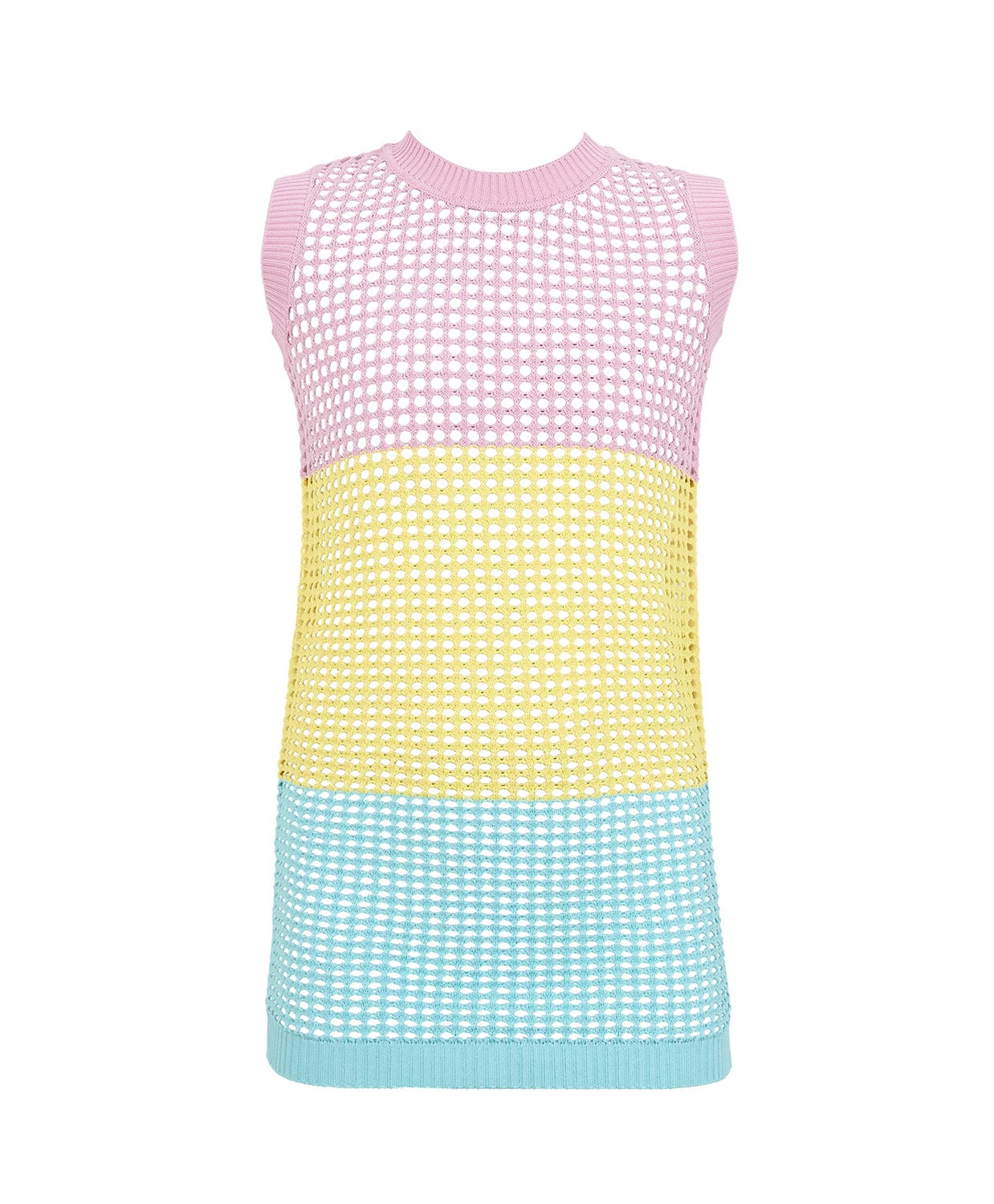 A color block knitted cover up dress against a white wall. 