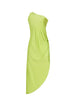 A lime green one-shoulder dress with side slit and ring detail. Featured against a white wall background.