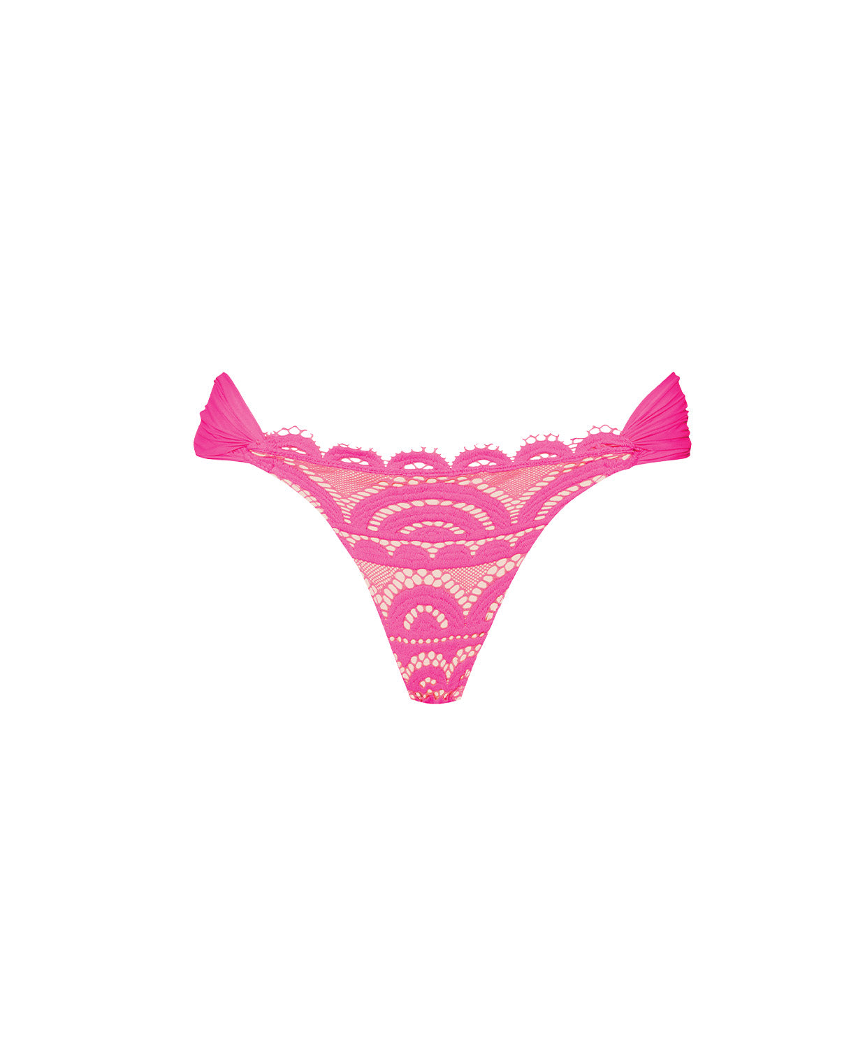 Pink lace bikini bottom on a white background