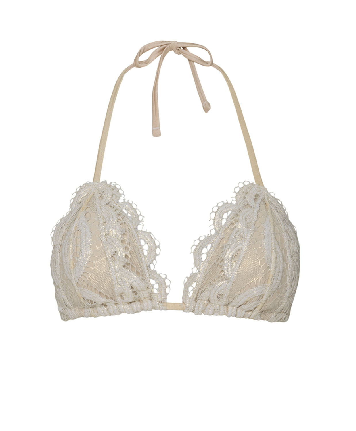 An ivory lace triangle bikini top against a white wall background. 