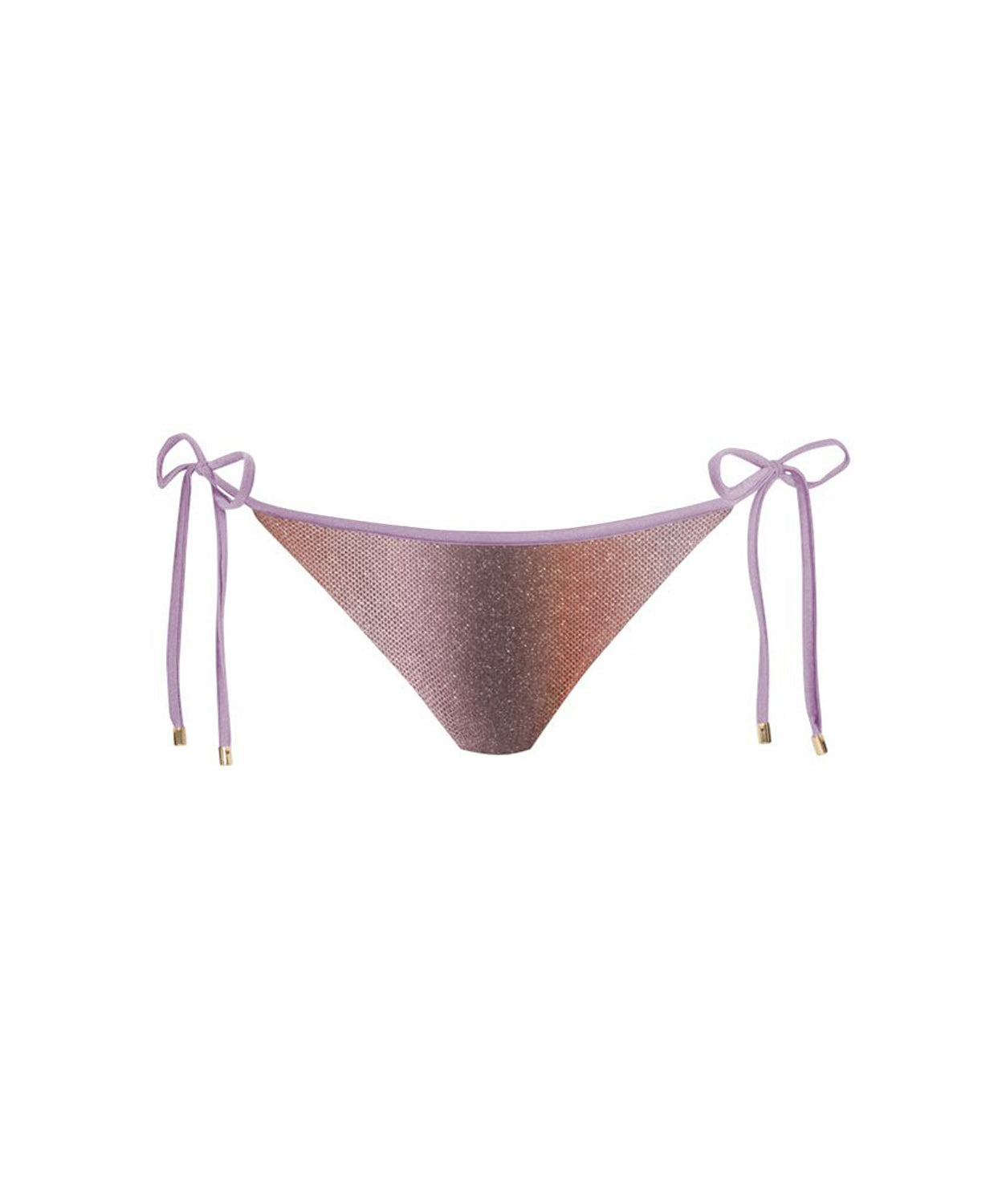 A mesh triangle bikini bottom in a dusty lavender-purple color, featuring side-tie straps with gold-toned tips, shown against a plain white background.