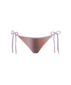 A mesh triangle bikini bottom in a dusty lavender-purple color, featuring side-tie straps with gold-toned tips, shown against a plain white background.