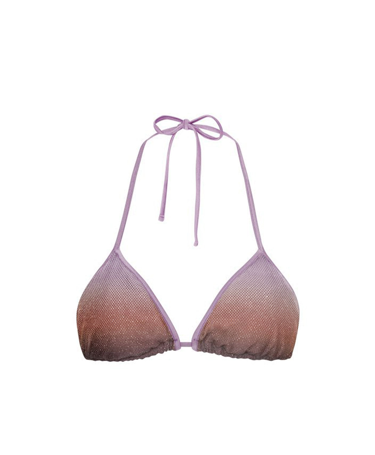 A halter triangle bikini top with a textured mesh fabric, featuring a lavender-to-rose gradient that fades into a warm bronze-brown at the cups, shown against a plain white background.