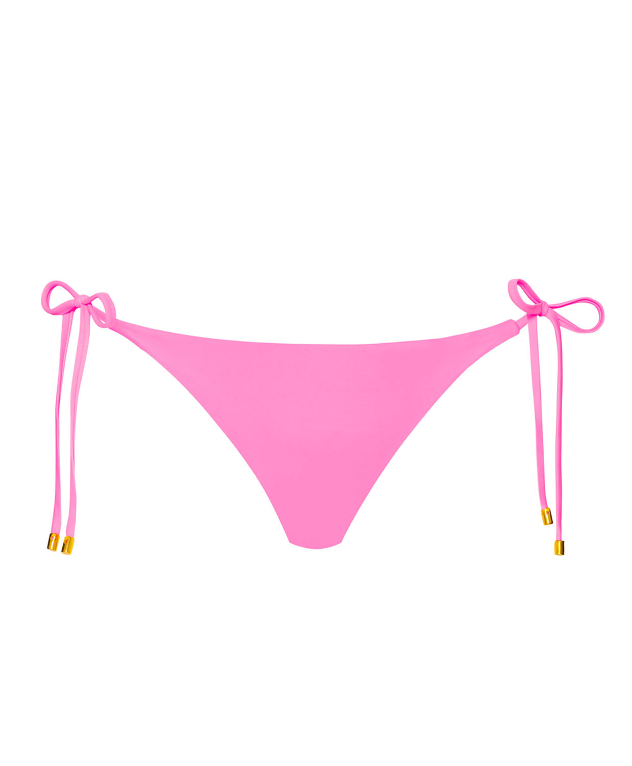 A pink bikini bottom with tie sides against a white wall.