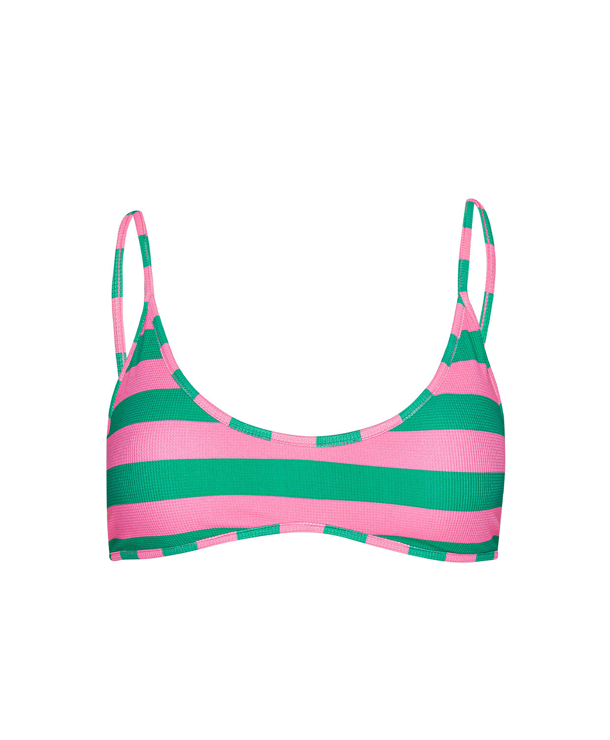 Striped bikini top with pink and green pattern on a white background