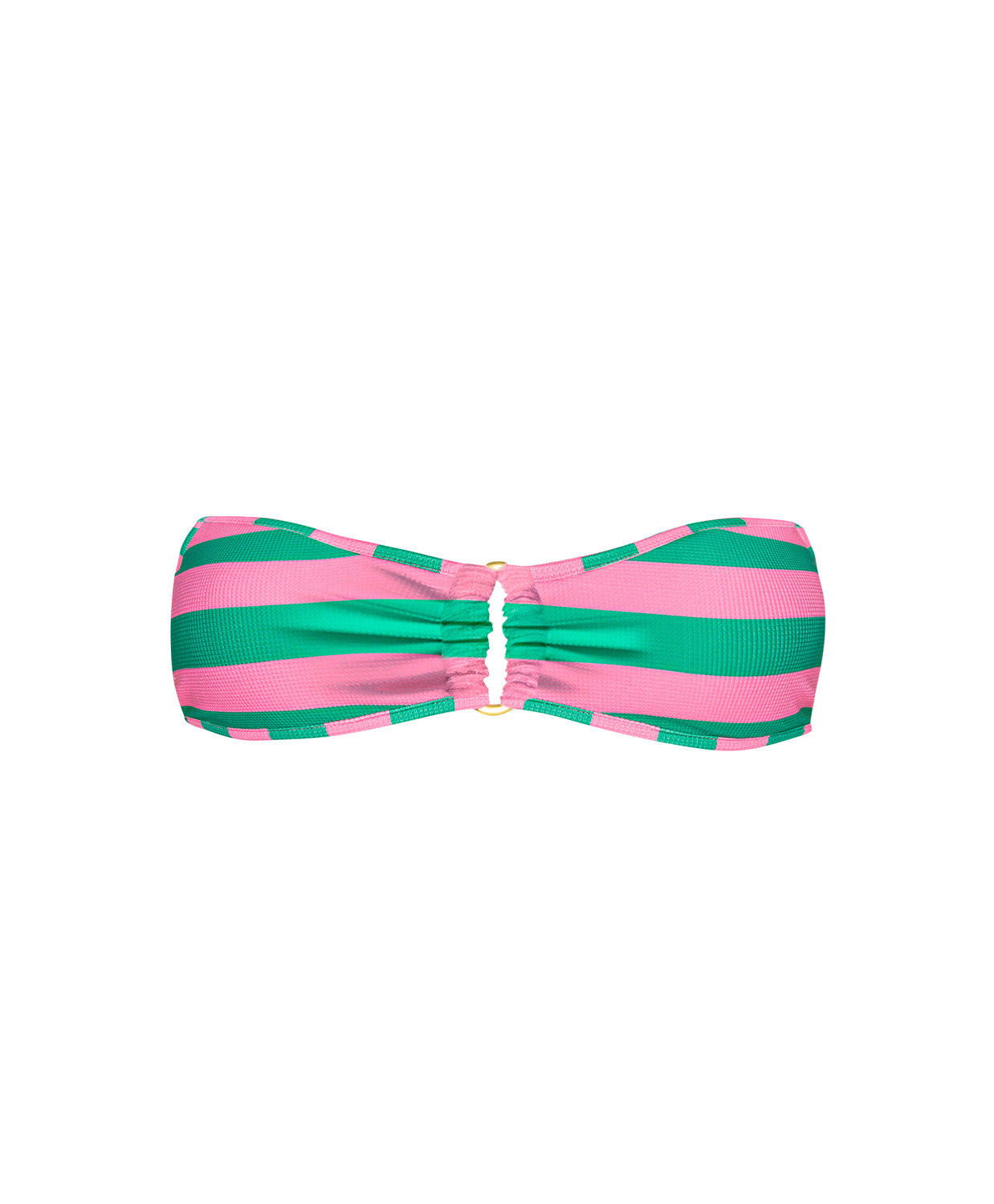 Striped bandeau bikini top in pink and green on a white background