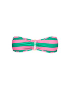 Striped bandeau bikini top in pink and green on a white background