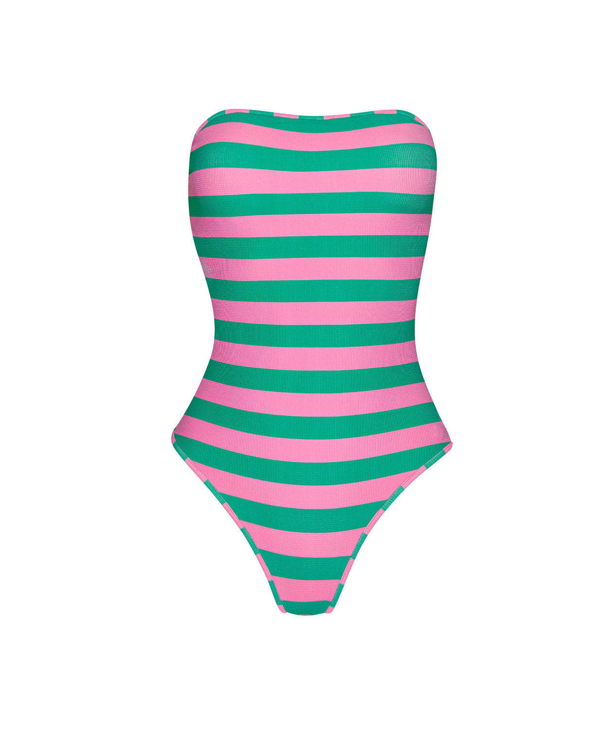 Striped one piece swimsuit with pink and green horizontal stripes on a white background
