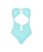 Light blue swimsuit with gold accents on a white background