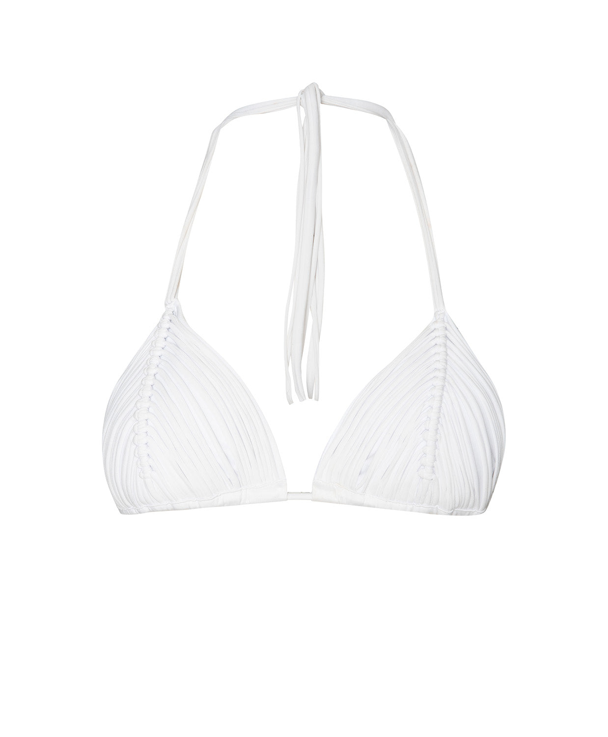 A white triangle top bikini with macrame detailing against a white background.
