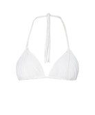 A white triangle top bikini with macrame detailing against a white background.