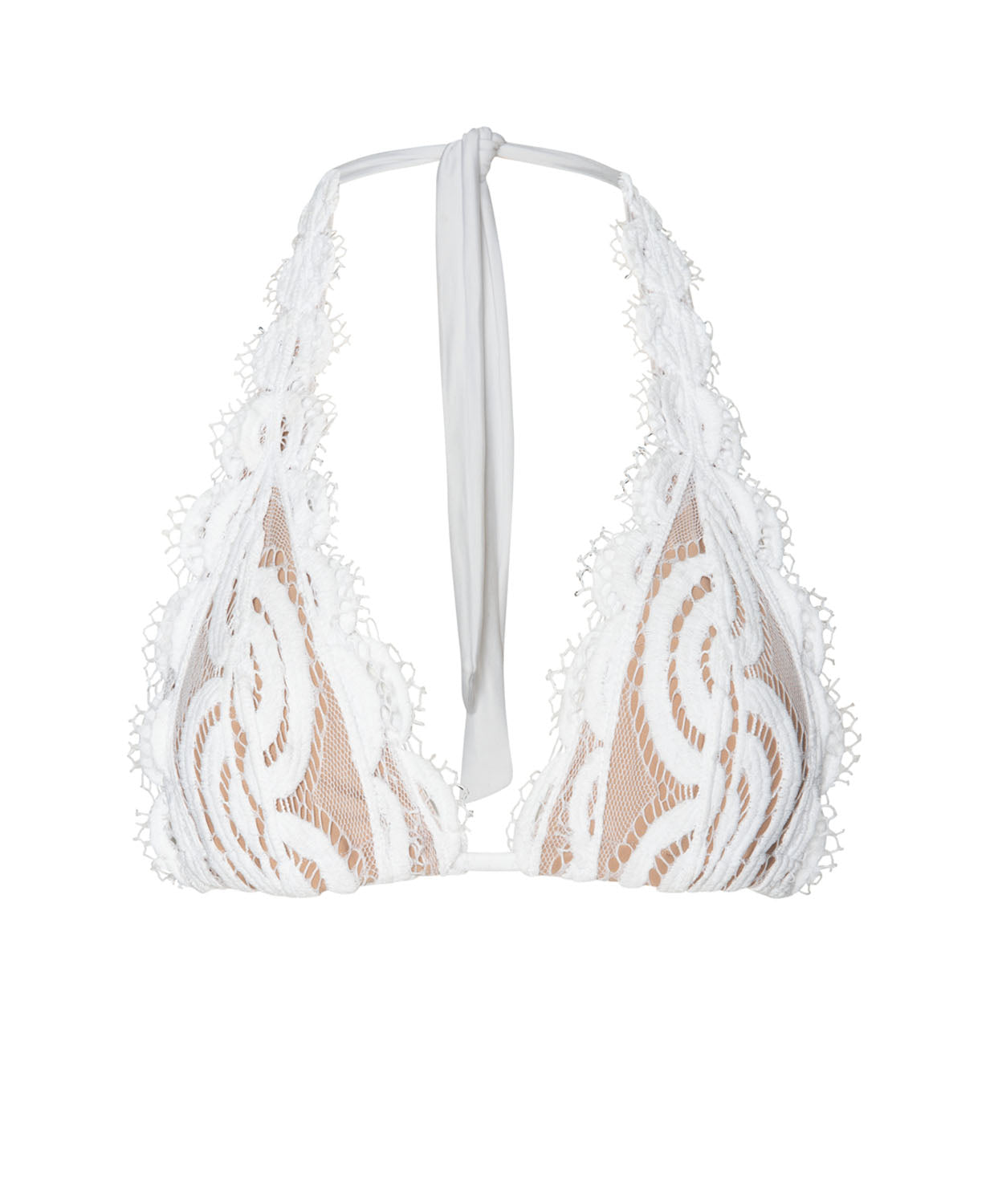 A white lace halter bikini top against a white wall.