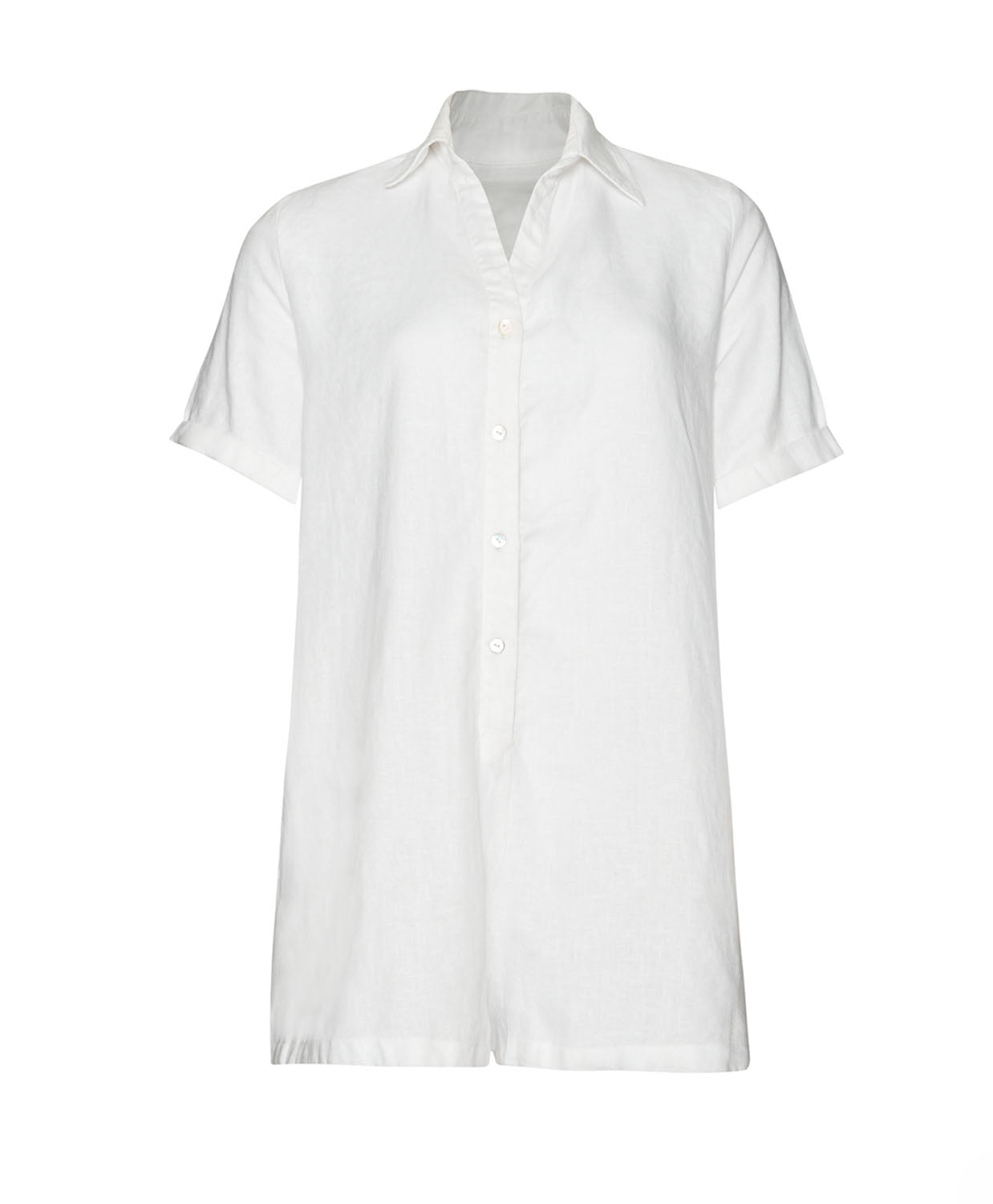 White linen romper with a collared neckline and front buttons