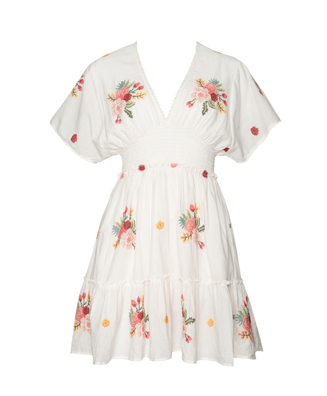 A short sleeve dress with floral details against a white wall.