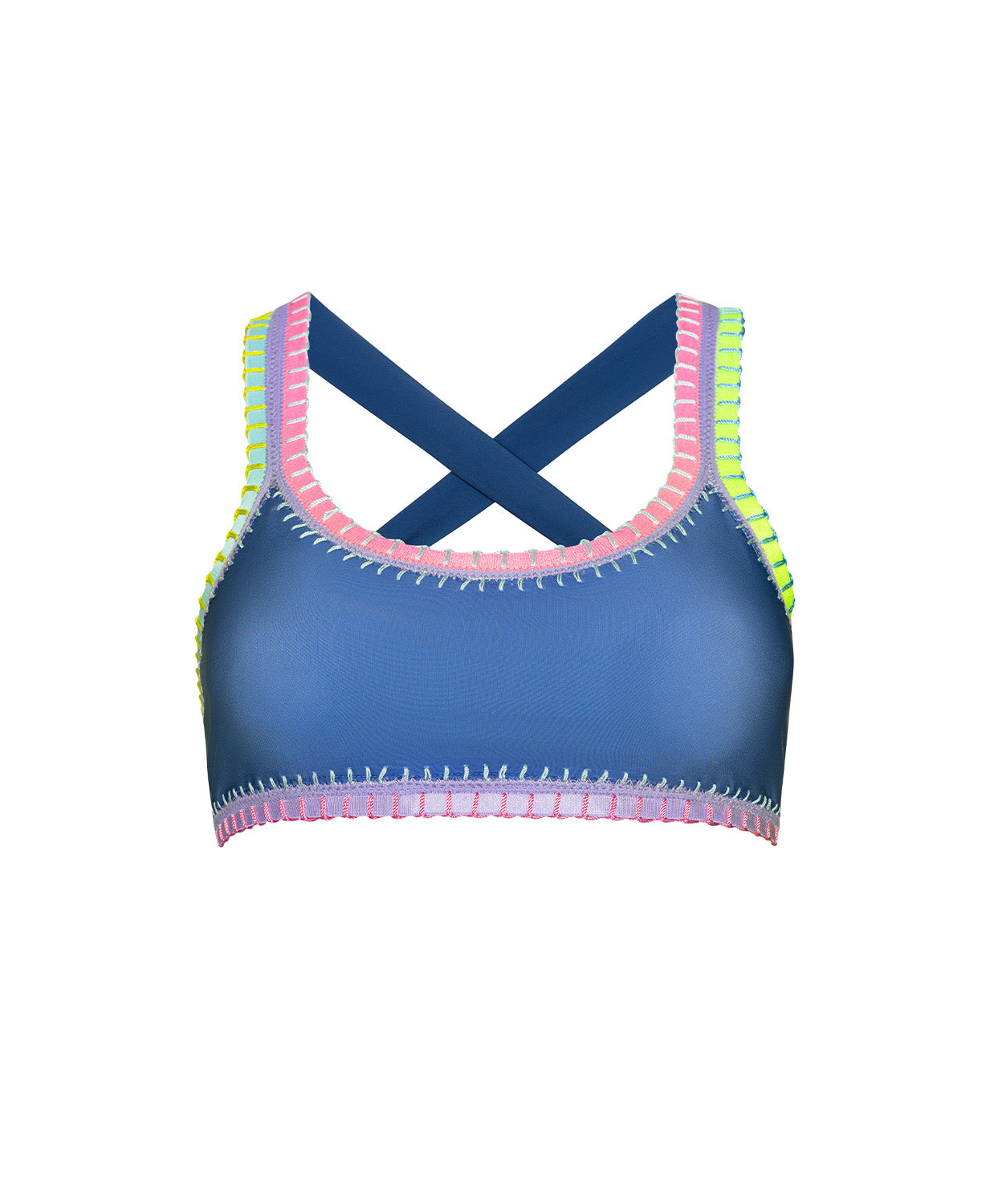 Blue bikini top with colorful trim on a white background