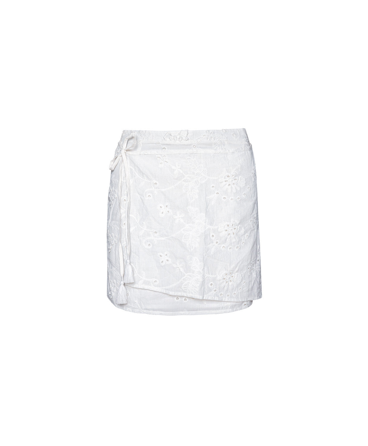 White skirt with lace detailing on a white background