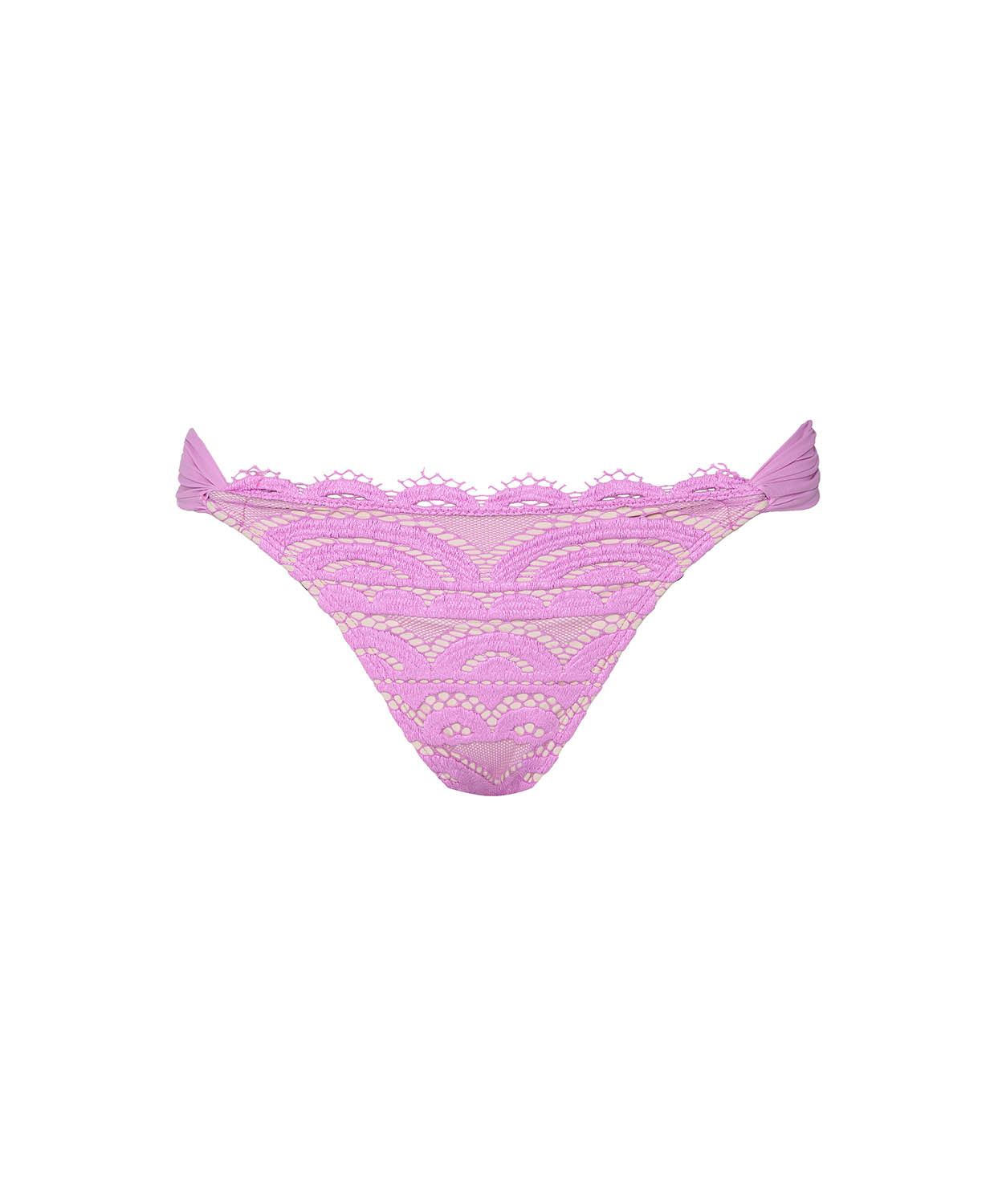 Pink lace bikini bottom on a white background