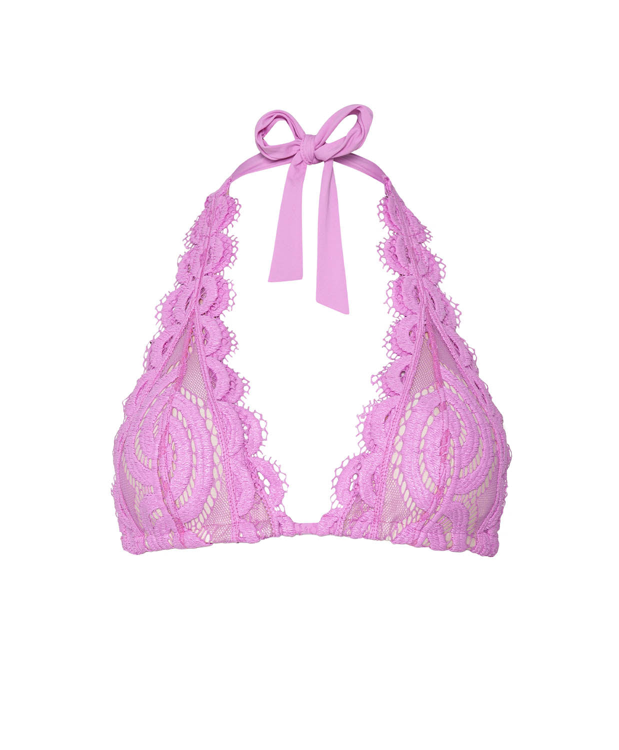 Pink lace bikini top with halter neck on a white background